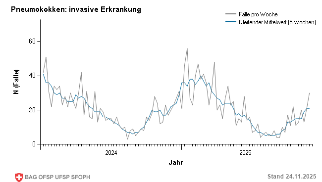 Wöchentliche Fallmeldungen Vorjahr und aktuelles Jahr bis Woche 47/2025