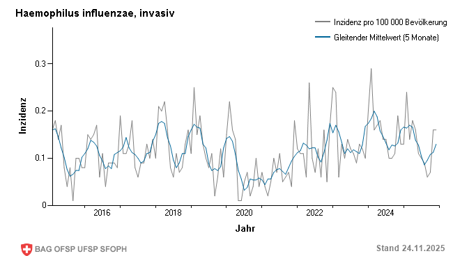 Monatliche Inzidenz pro 100 000 Bevölkerung bis Woche 47/2025