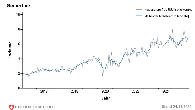 Monatliche Inzidenz pro 100 000 Bevölkerung bis Woche 47/2025