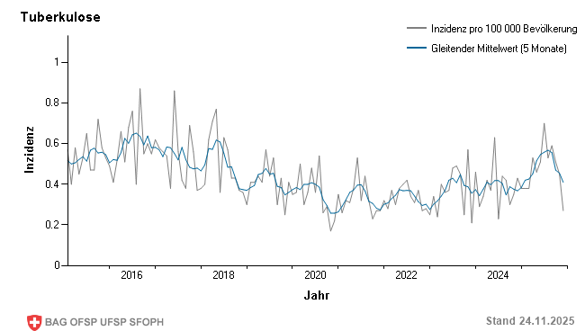 Monatliche Inzidenz pro 100 000 Bevölkerung bis Woche 47/2025
